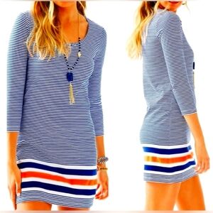 Lilly Pulitzer Beacon Cotton Navy Nautical White Blue Stripe Dress 3/4 Sleeves